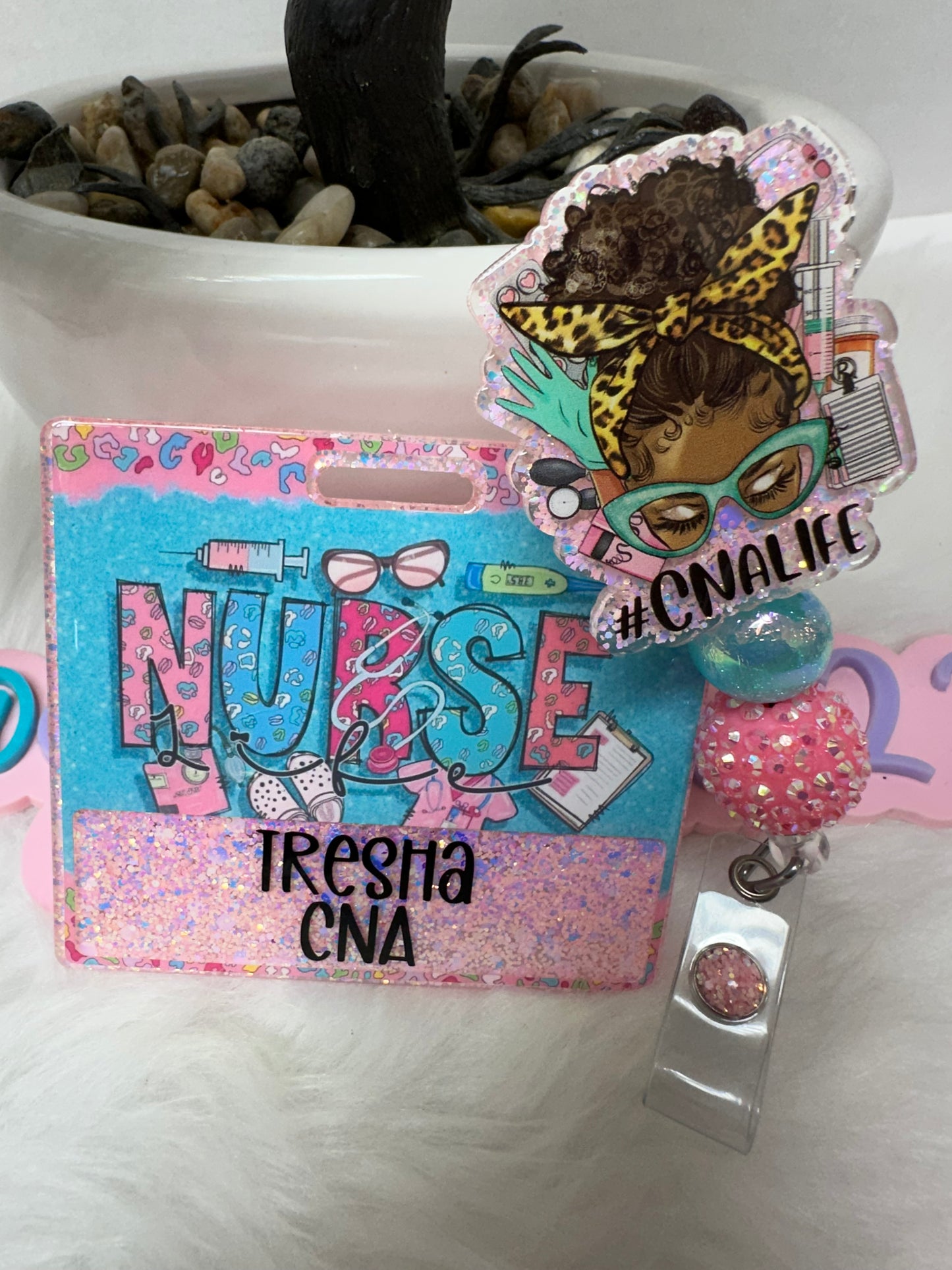 African Messy Bun CNA Life Badge Buddy Set