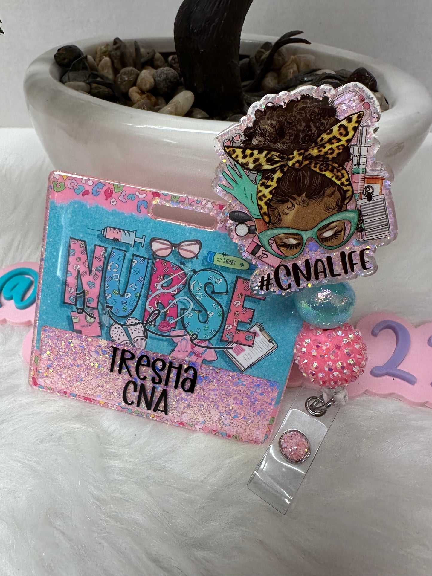 African Messy Bun CNA Life Badge Buddy Set