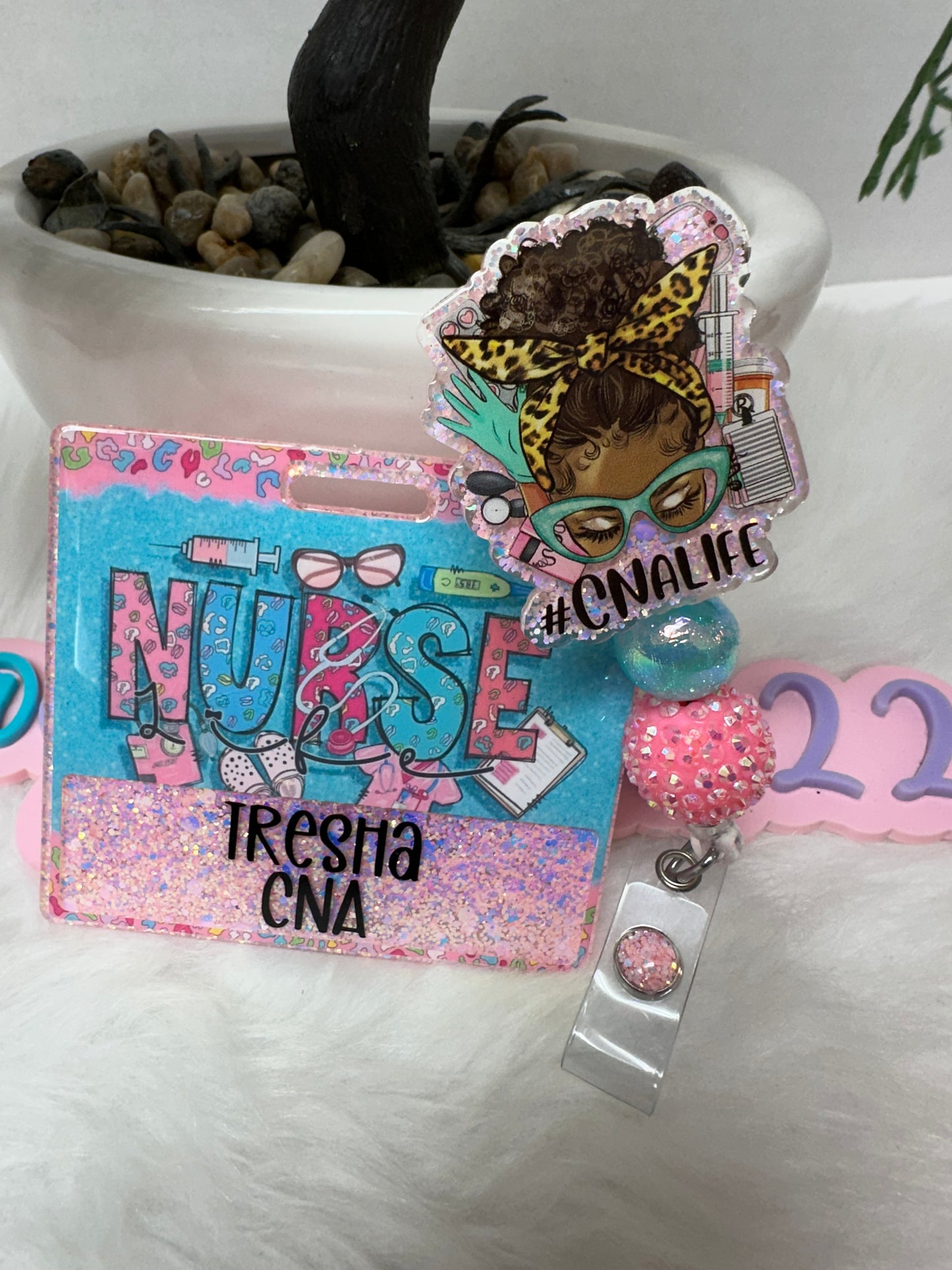 African Messy Bun CNA Life Badge Buddy Set