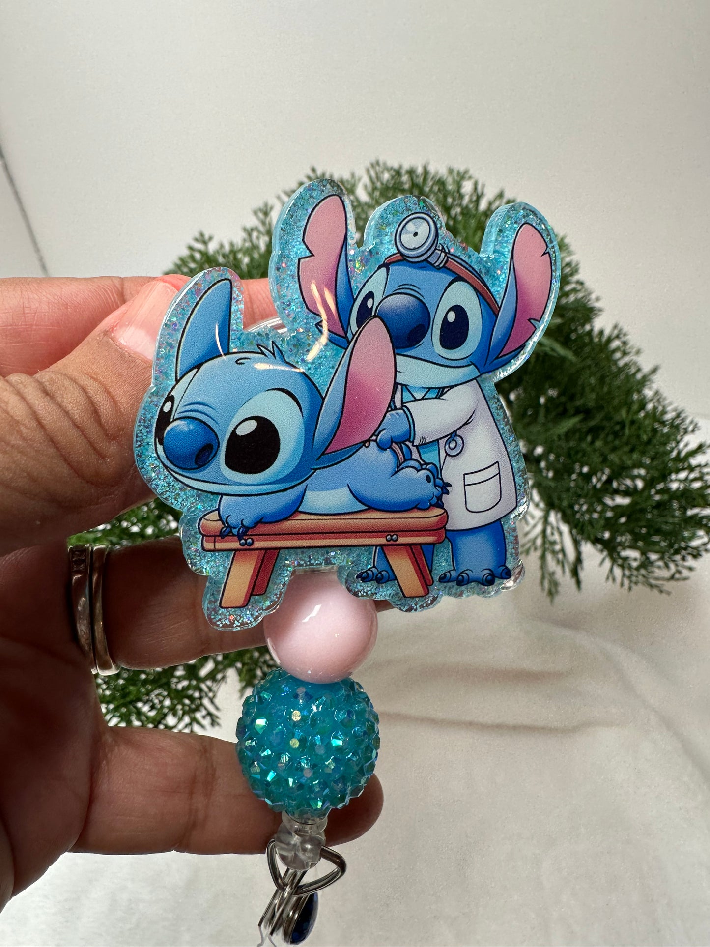 blue alien stitch chiropractor badger reel- anime characters - nurse badge reels