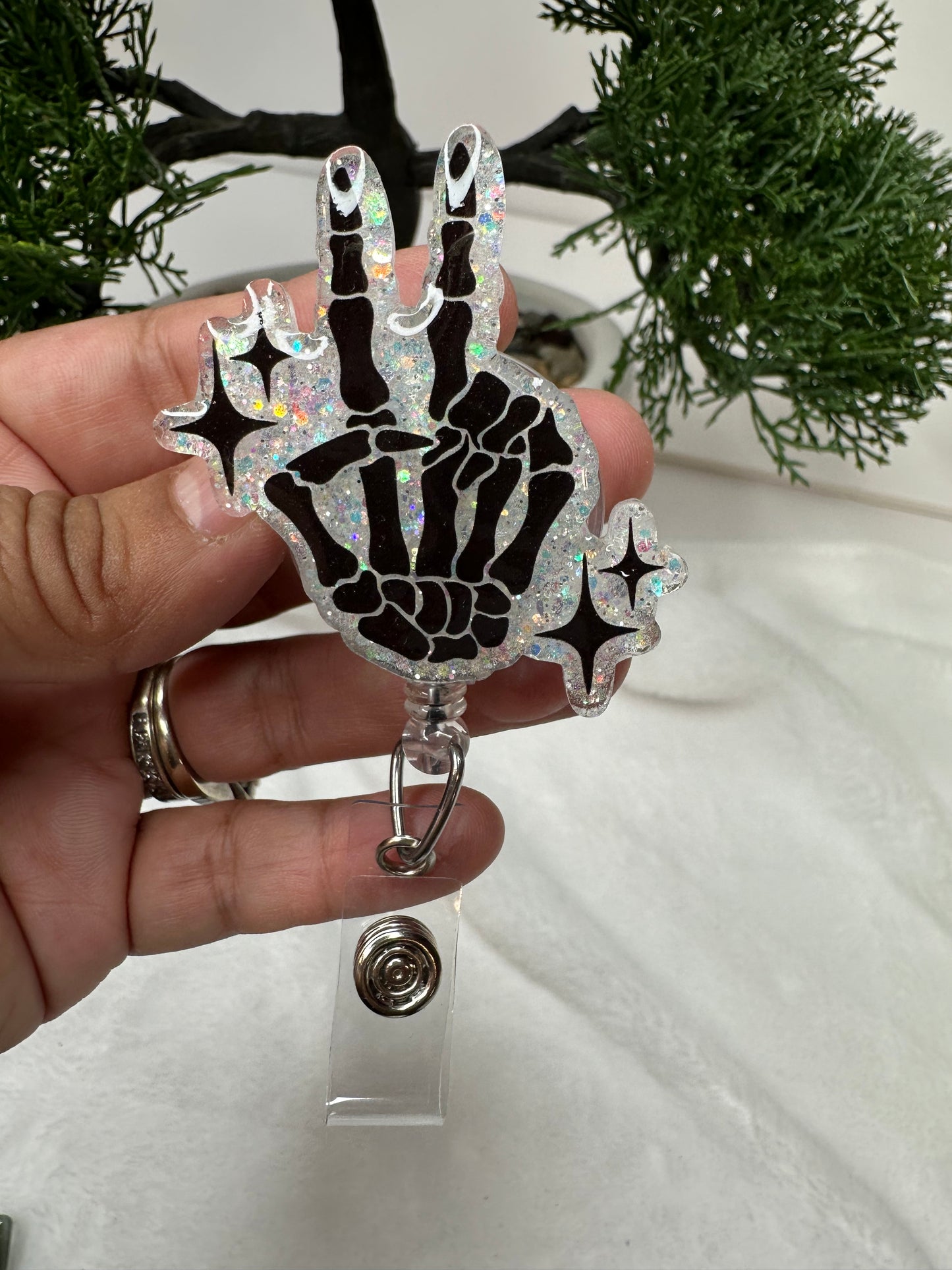 Peace Skeletal Hand Badge Reel