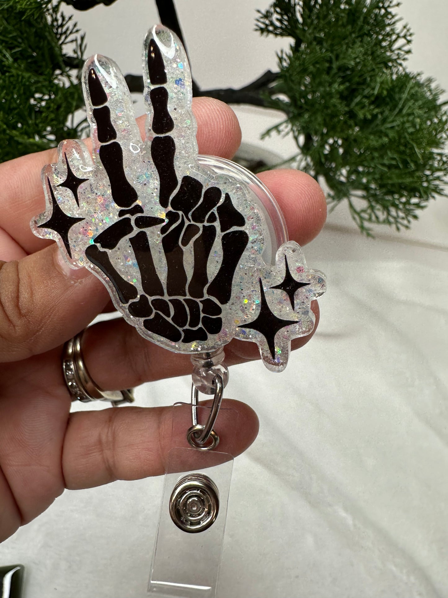 Peace Skeletal Hand Badge Reel