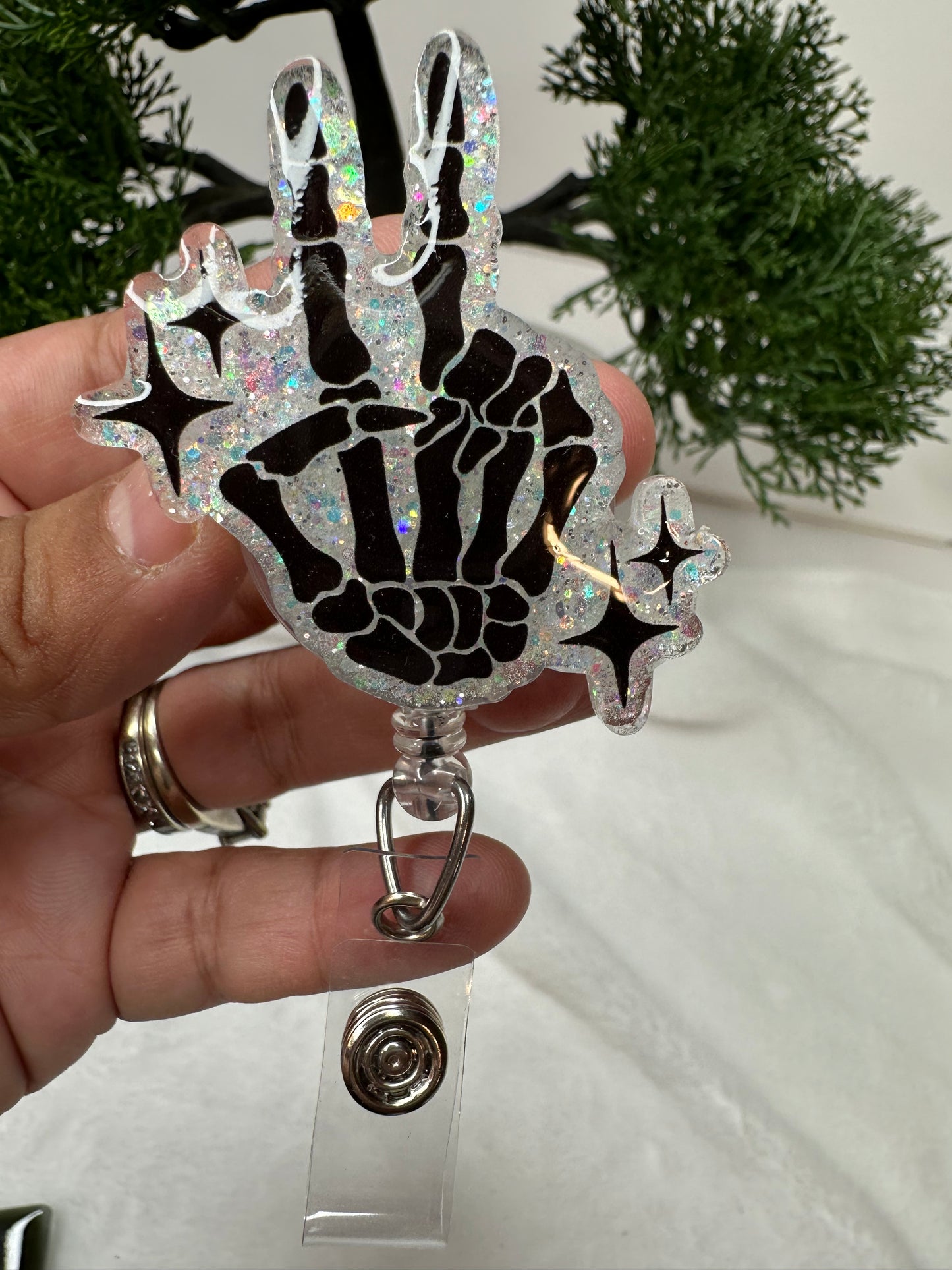 Peace Skeletal Hand Badge Reel