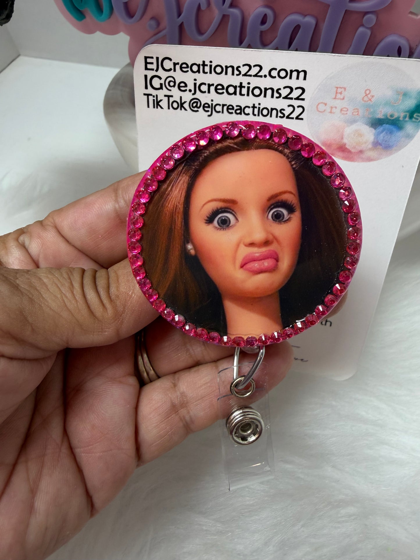 Rhinestones Cringe Face Barbie Badge Reel