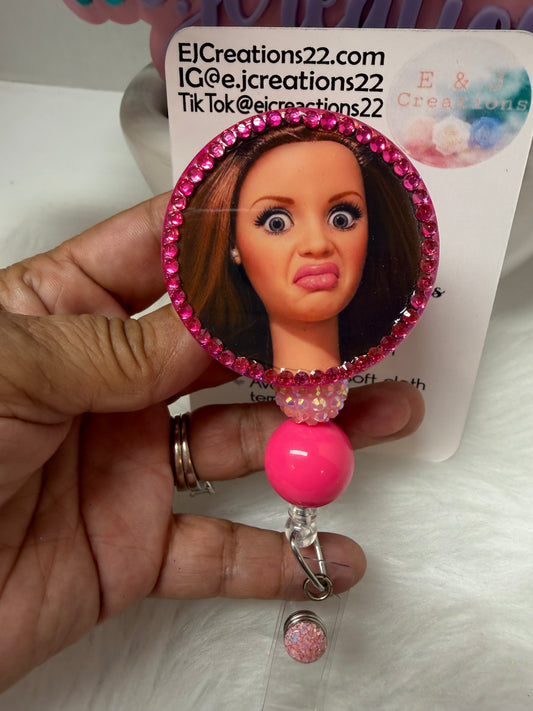 Rhinestones Cringe Face Barbie Badge Reel