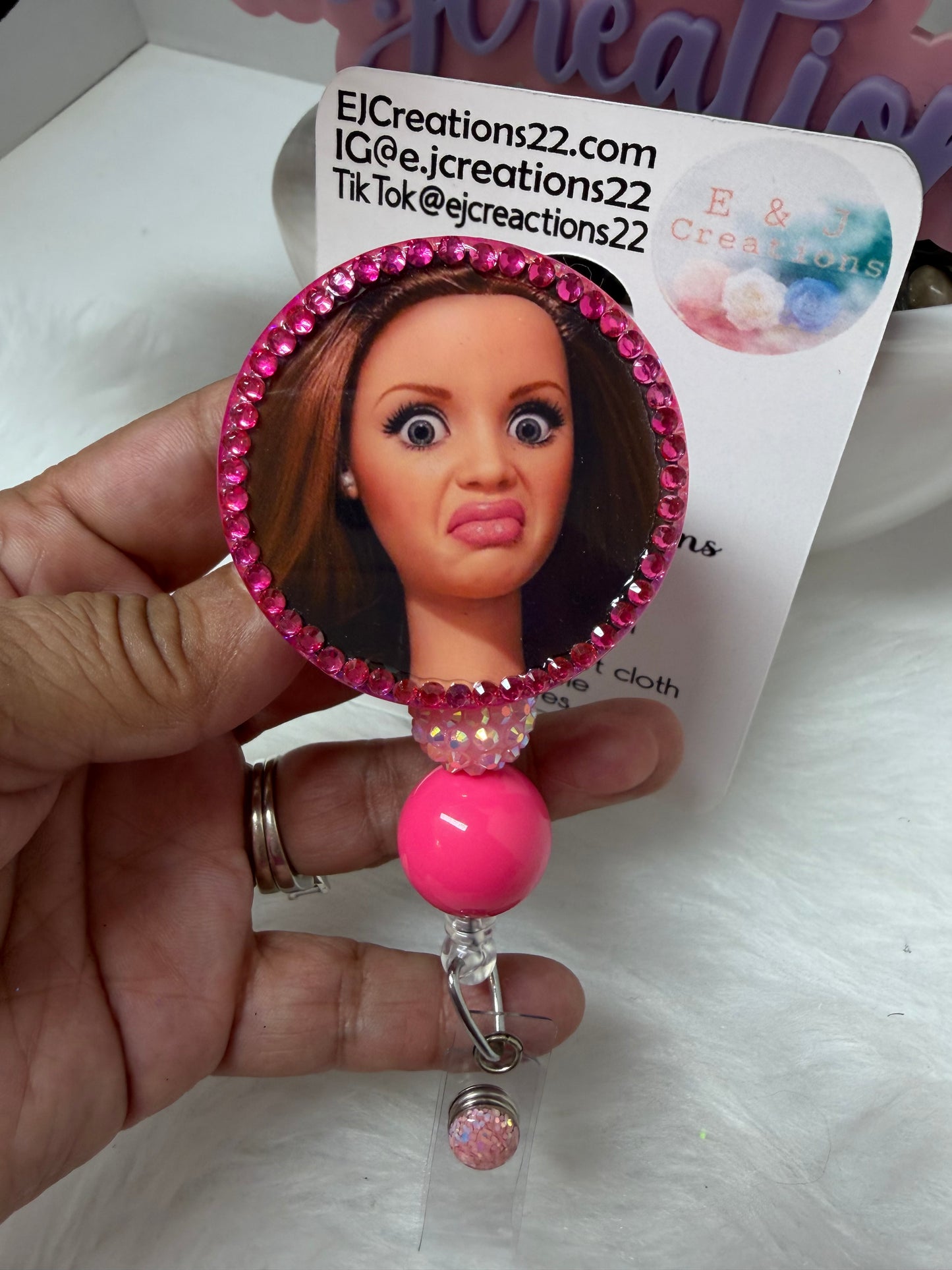 Rhinestones Cringe Face Barbie Badge Reel