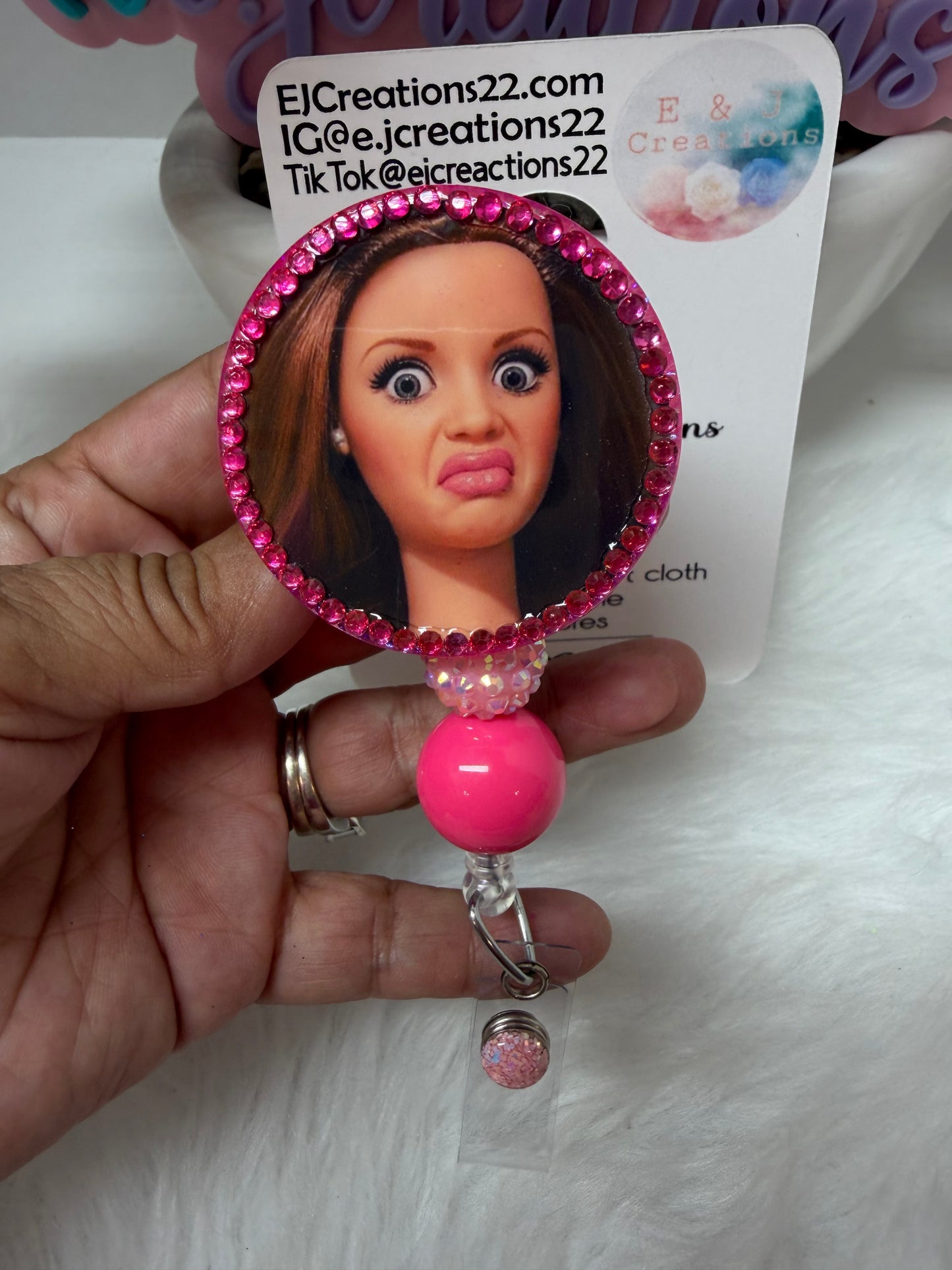 Rhinestones Cringe Face Barbie Badge Reel