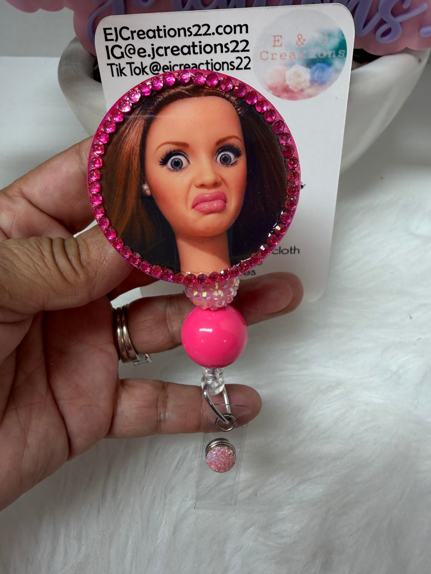 Rhinestones Cringe Face Barbie Badge Reel