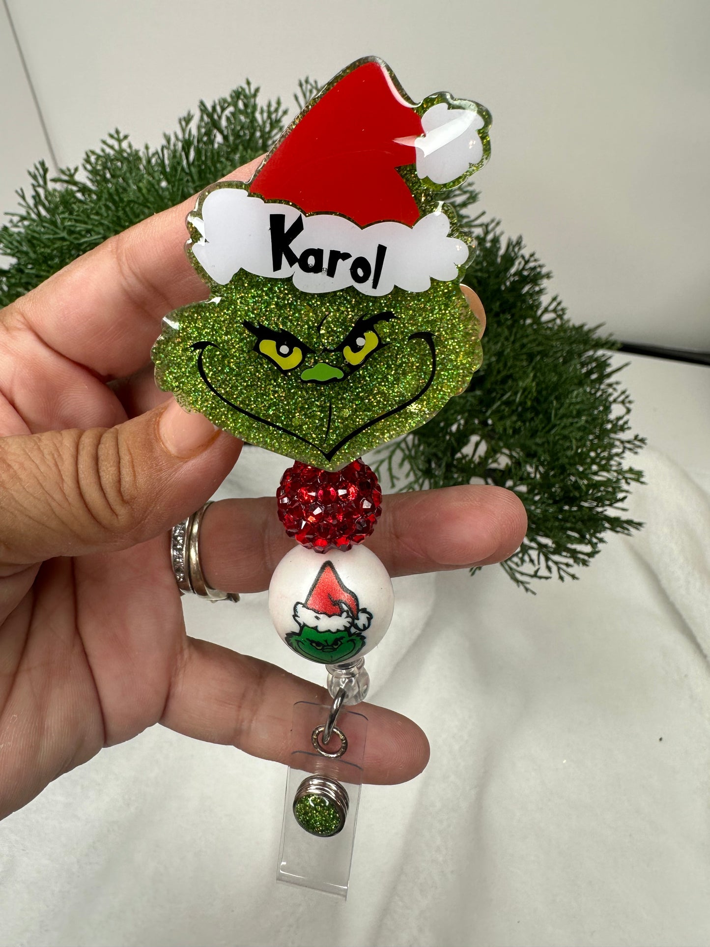 Grinch Santa Badge Reel