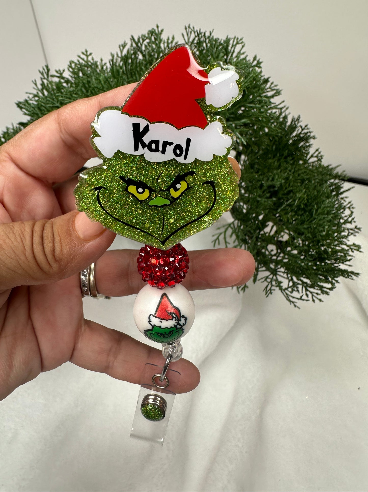 Grinch Santa Badge Reel