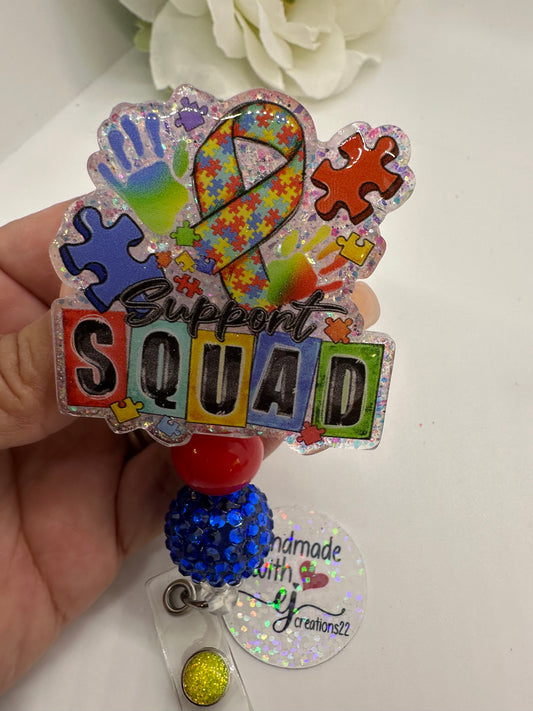 Autism Support Squad badge Reel is an excellent  accessory to your scrubs, shirt pocket, belt loop, lanyard and more.  They make super fun and useful gifts for any person in any profession.  A great gift choice for nurses, medical staff, office staff, and anyone who is required to wear a badge!