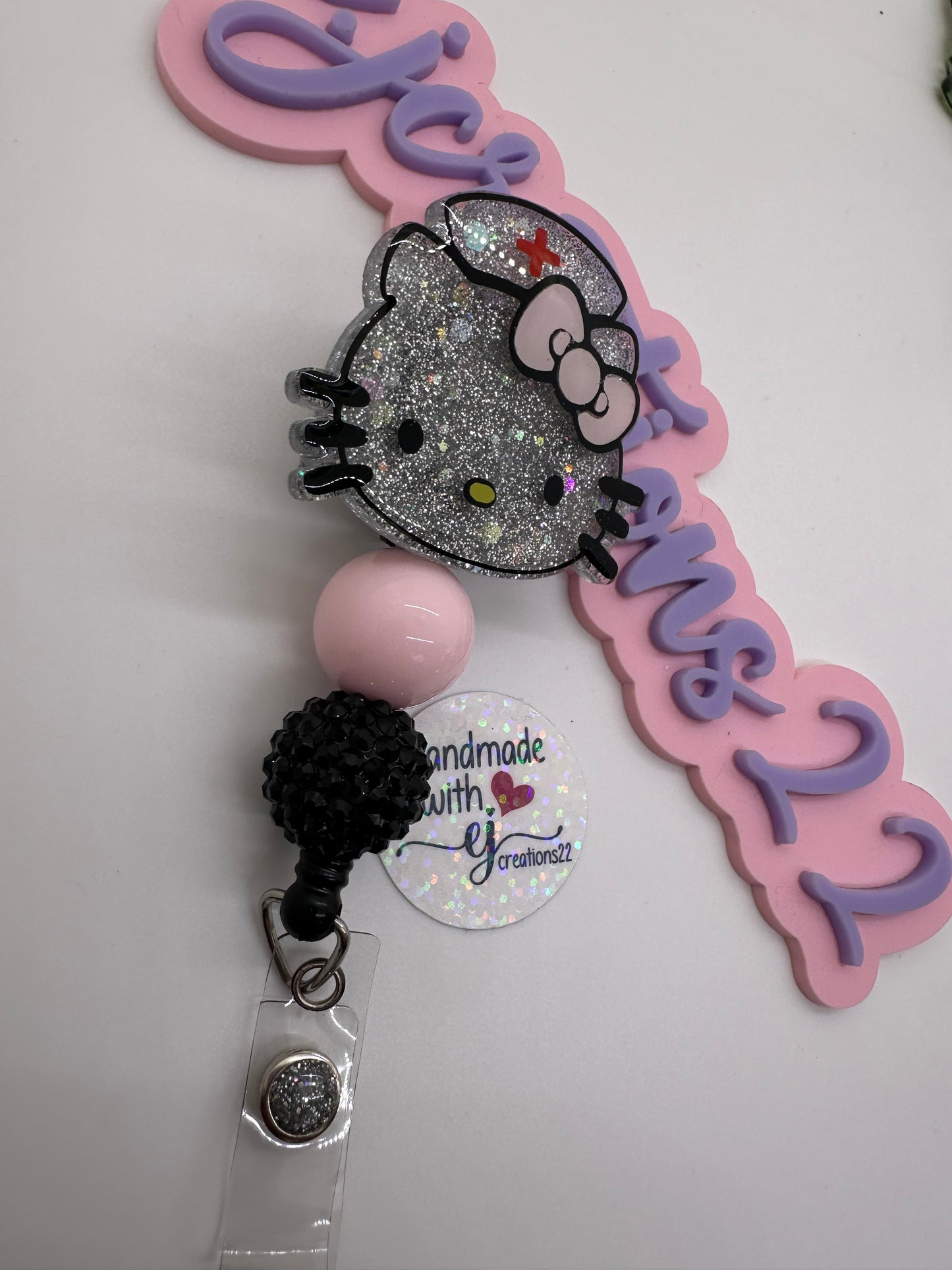 Holographic Silver Kitty Nurse Badge Reel