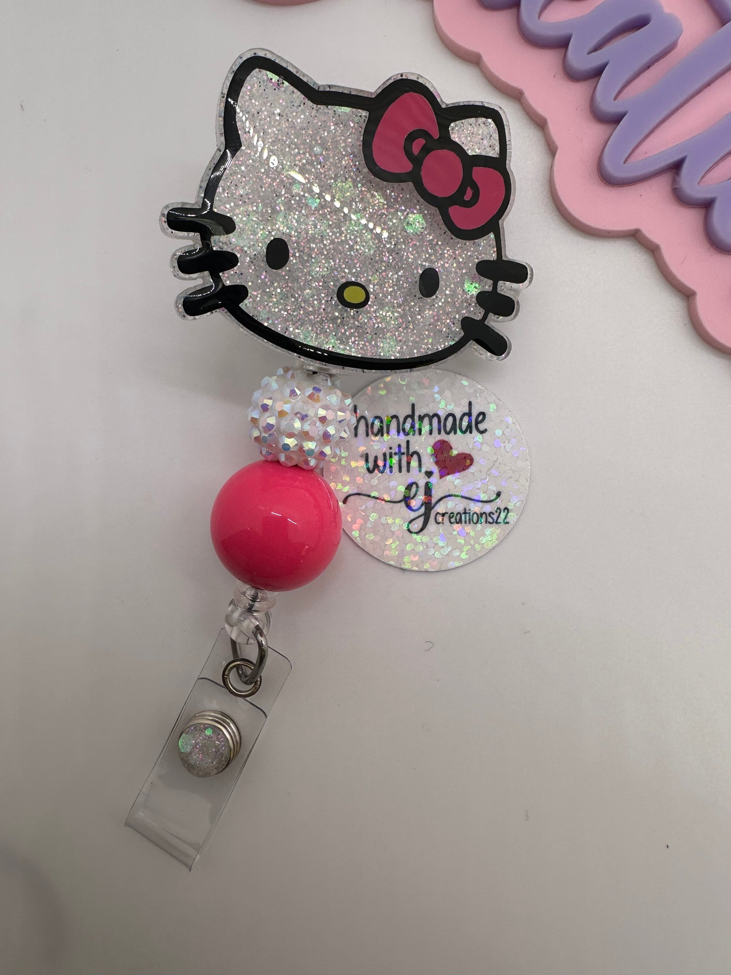 Pink Kitty Face Badge Reel