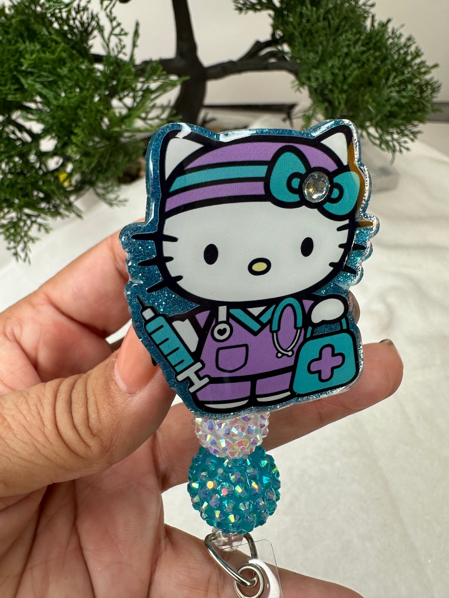 Turquoise Kitty Nurse Badge Reel