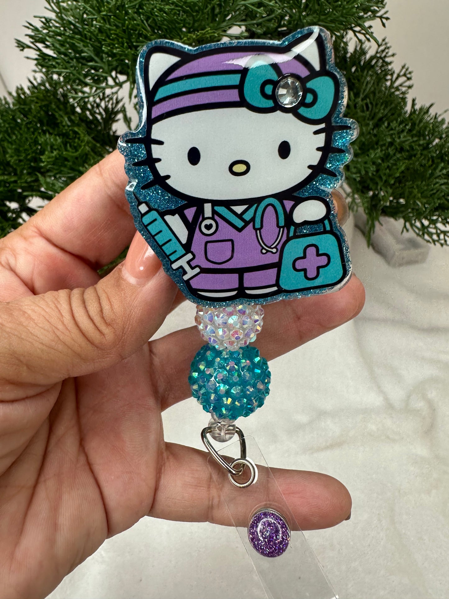 Turquoise Kitty Nurse Badge Reel