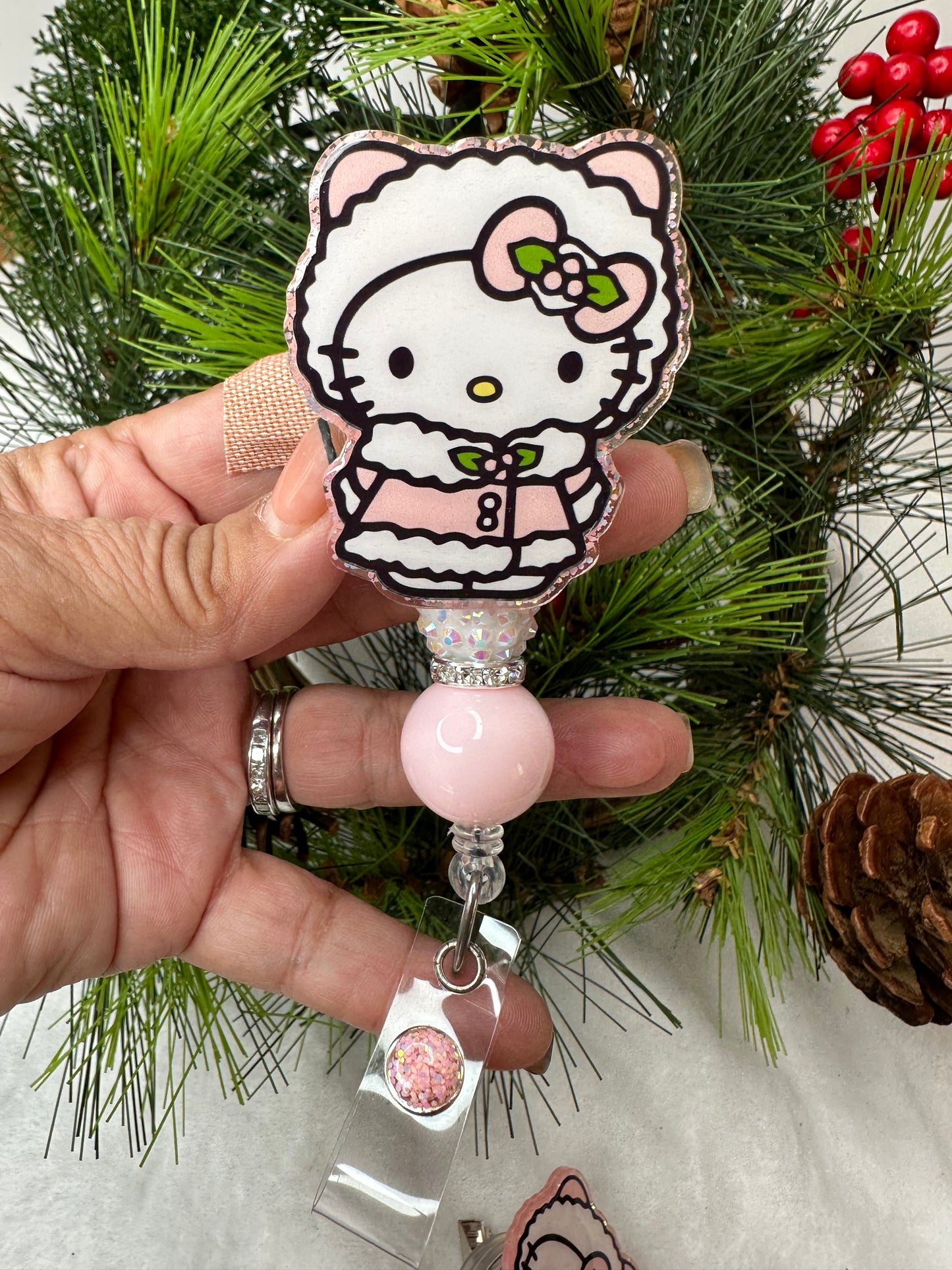 Pink Christmas Kitty Badge Reel