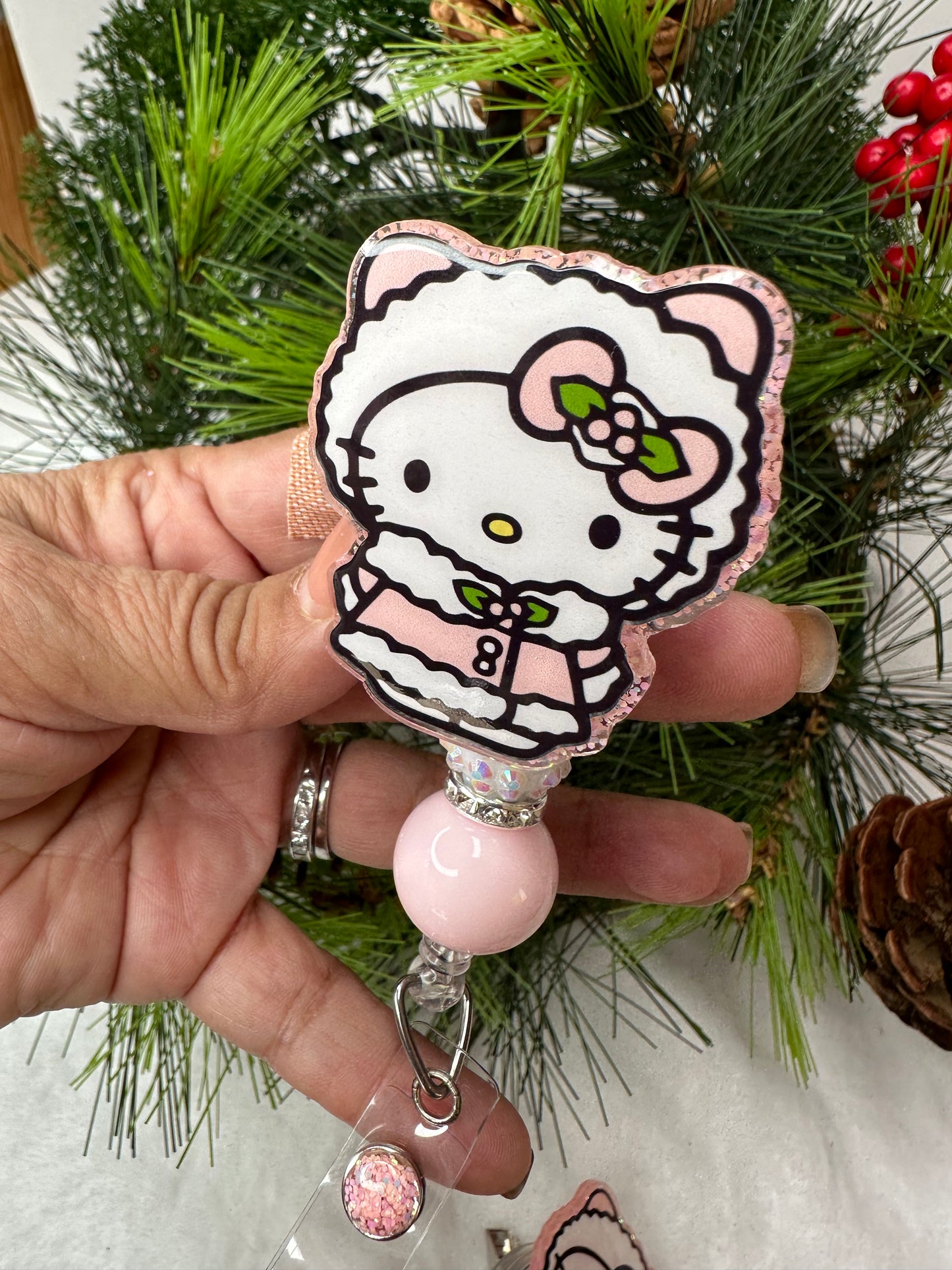 Pink Christmas Kitty Badge Reel