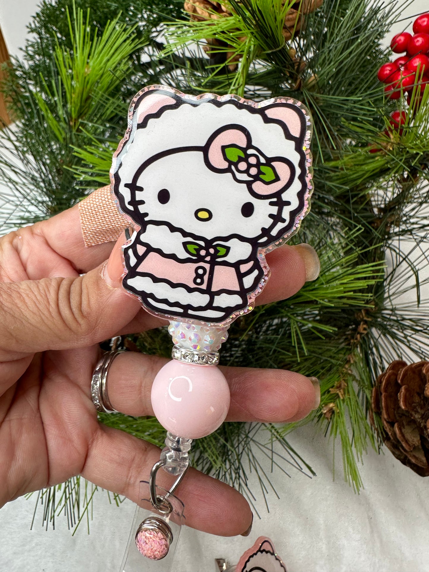 Pink Christmas Kitty Badge Reel