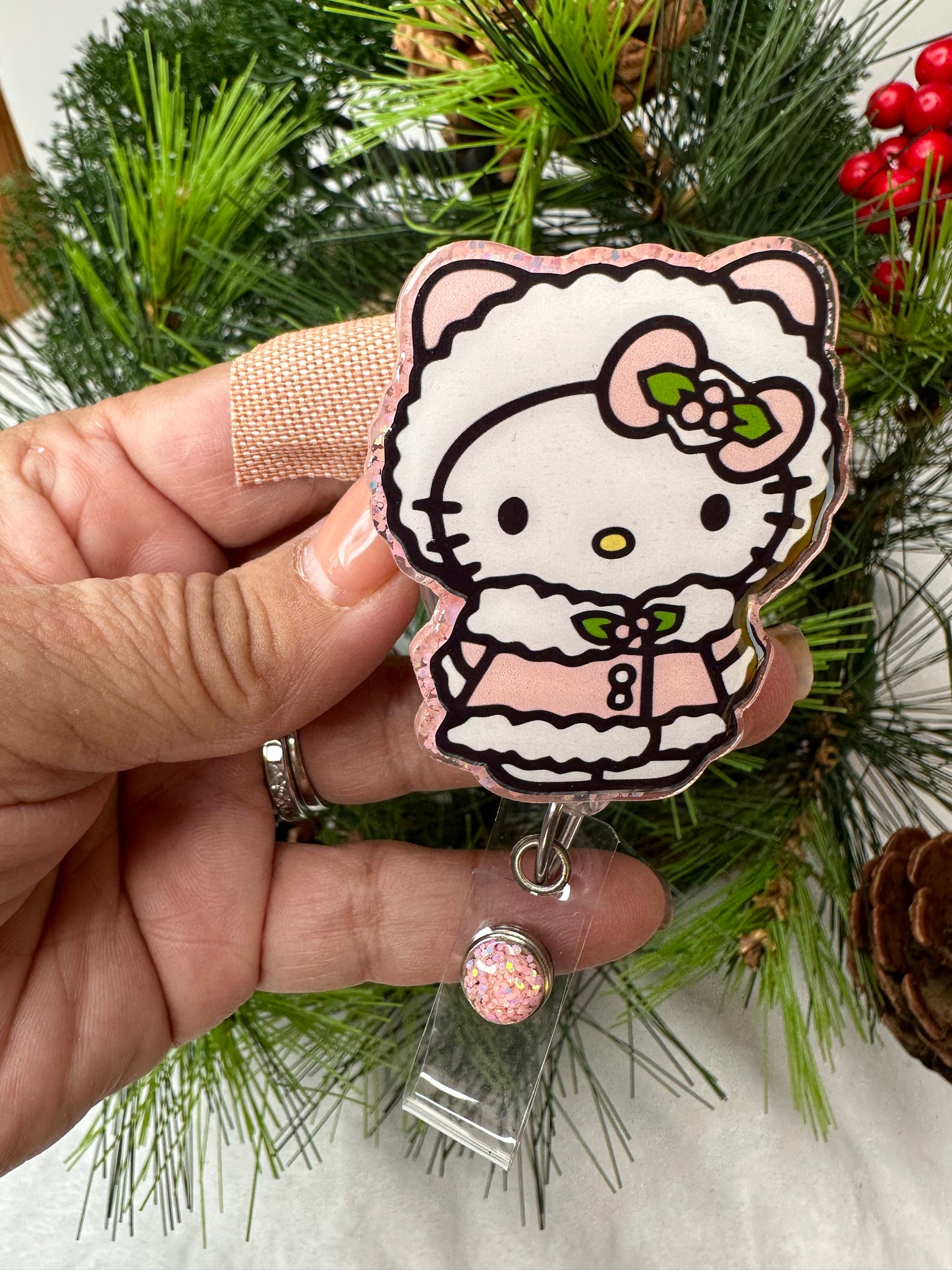 Pink Christmas Kitty Badge Reel