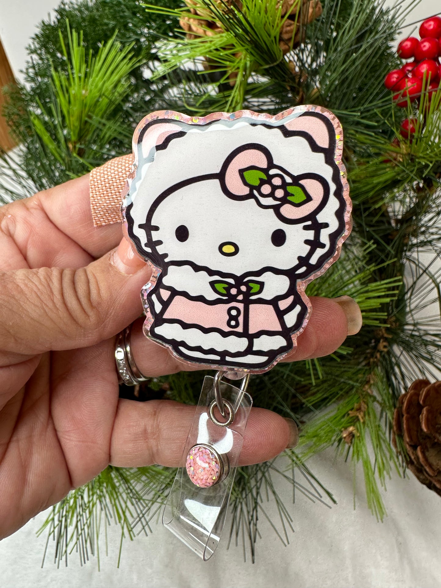 Pink Christmas Kitty Badge Reel