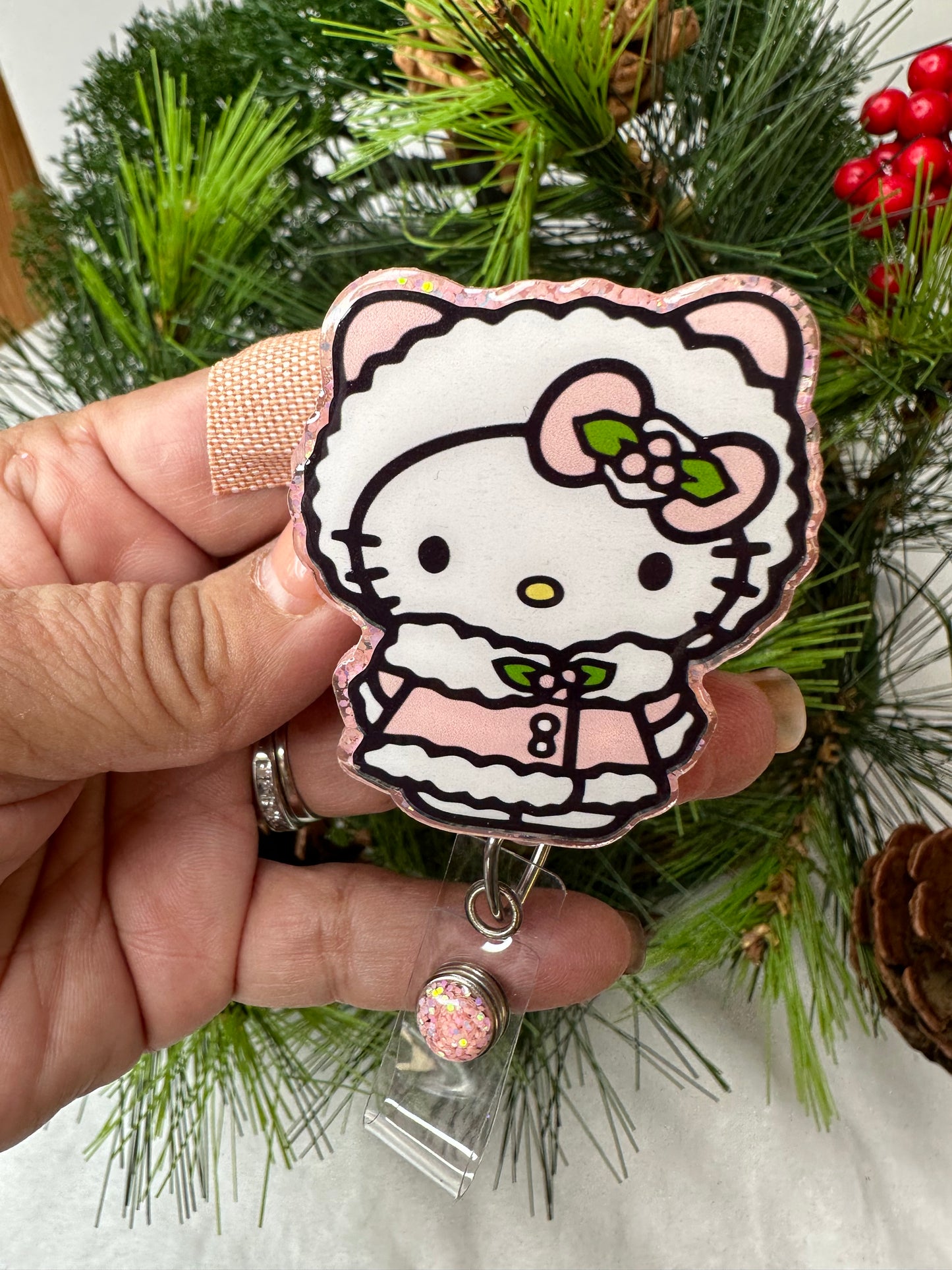 Pink Christmas Kitty Badge Reel