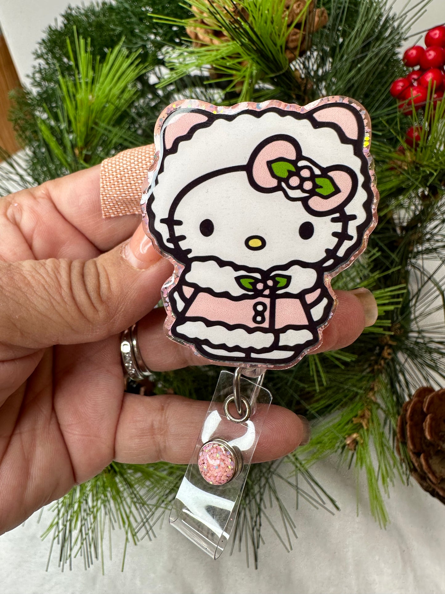 Pink Christmas Kitty Badge Reel