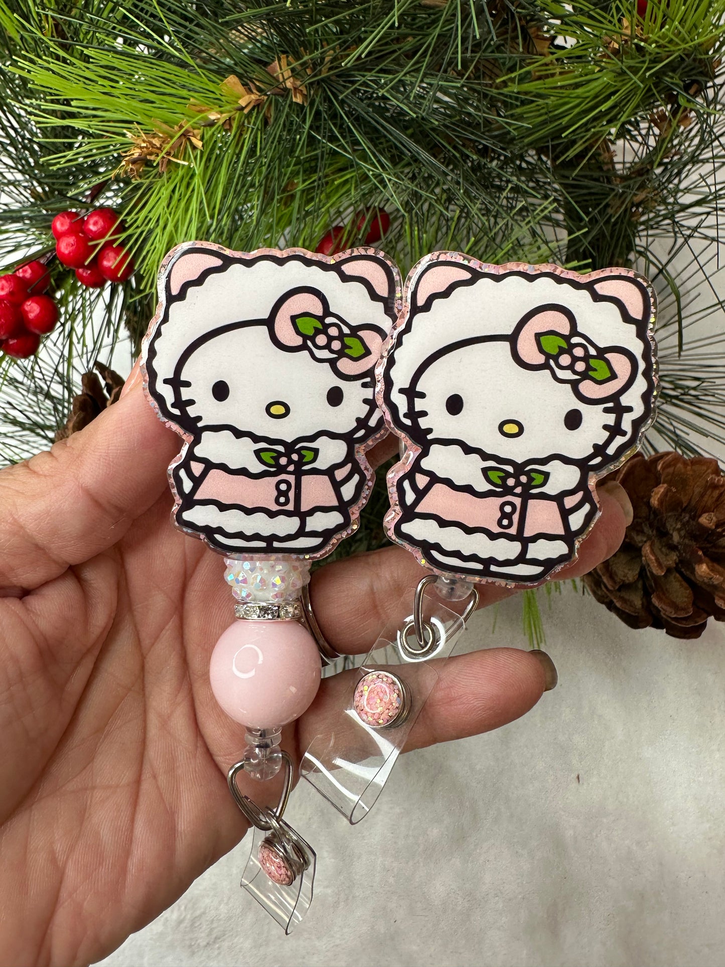 Pink Christmas Kitty Badge Reel