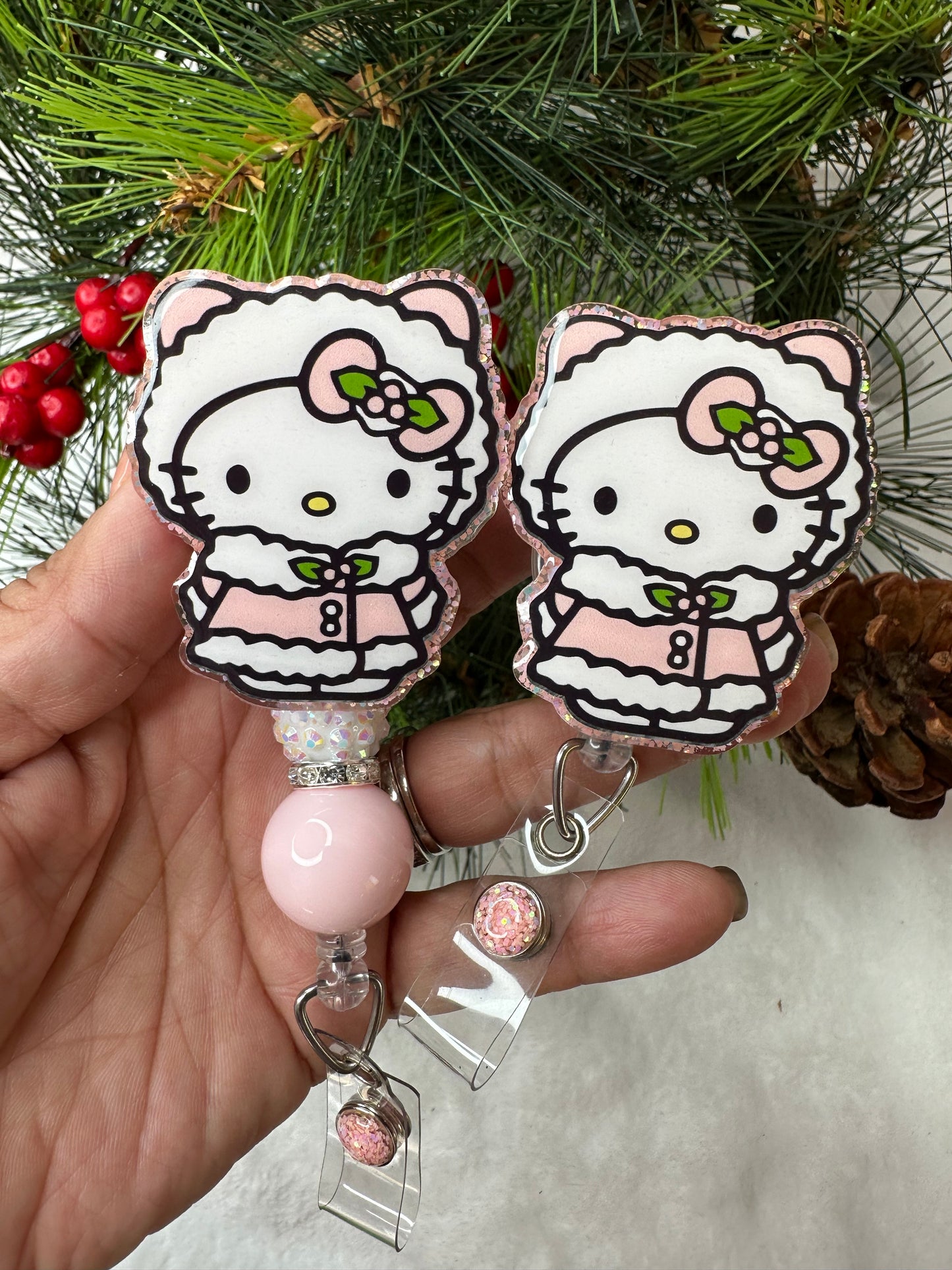 Pink Christmas Kitty Badge Reel