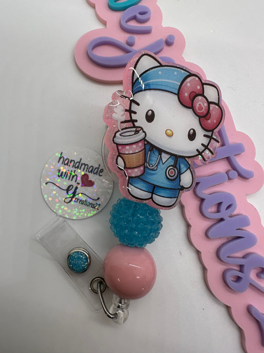 Kitty Nurse Coffee and Scrubs Badge Reel