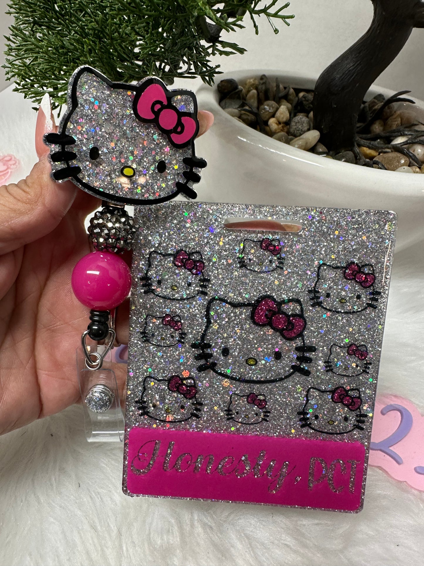 Extended Holographic Silver Kitty Badge Buddy Set