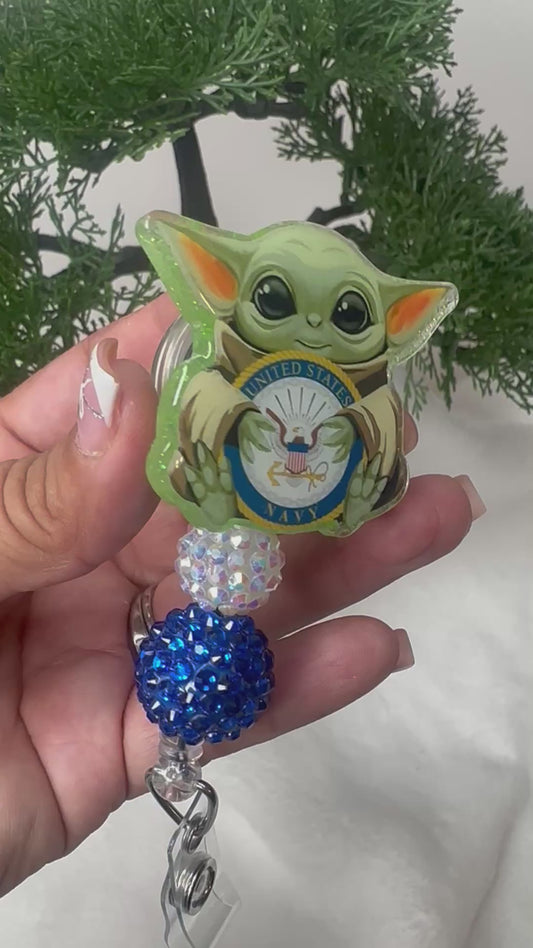 Baby Green Alien Navy Badge Reel