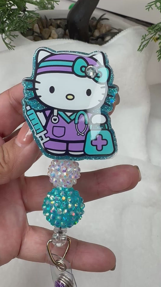 Turquoise Kitty Nurse Badge Reel